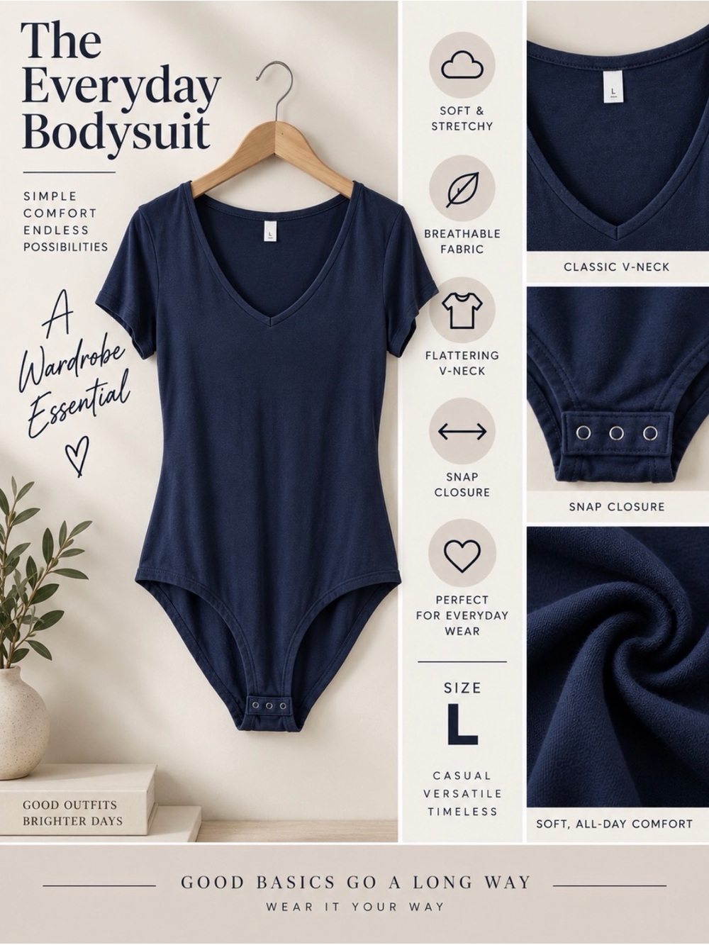 Classic V-Neck Short Sleeve Bodysuit - Navy